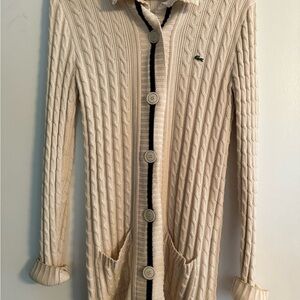 Lacoste Beige Cable Knit Cardigan with Black Trim